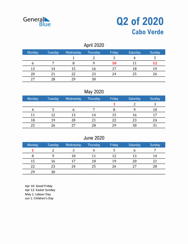 Cabo Verde Q2 2020 Quarterly Calendar with Monday Start