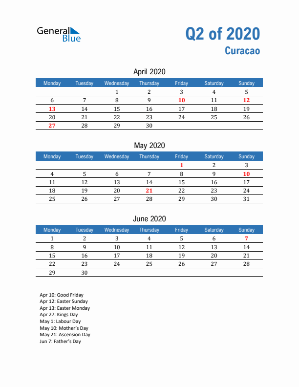 Curacao Q2 2020 Quarterly Calendar with Monday Start