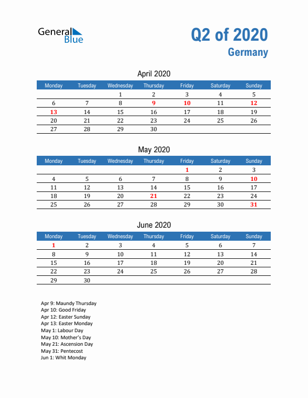 Germany Q2 2020 Quarterly Calendar with Monday Start