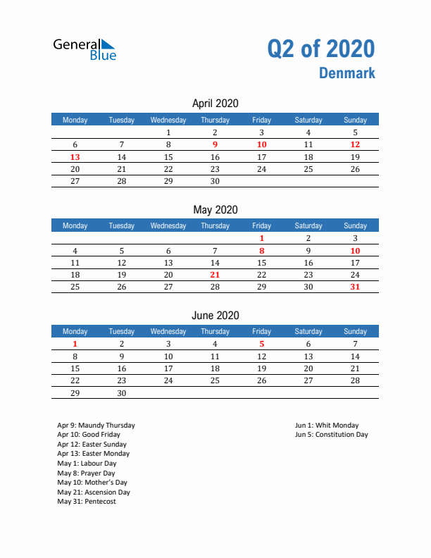 Denmark Q2 2020 Quarterly Calendar with Monday Start