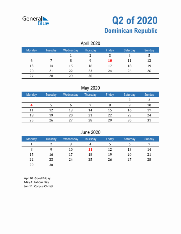 Dominican Republic Q2 2020 Quarterly Calendar with Monday Start