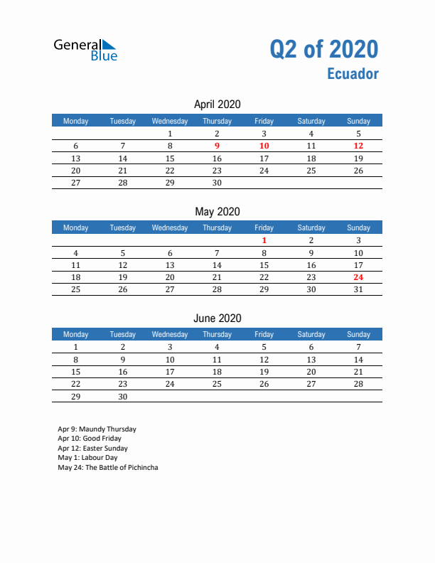 Ecuador Q2 2020 Quarterly Calendar with Monday Start