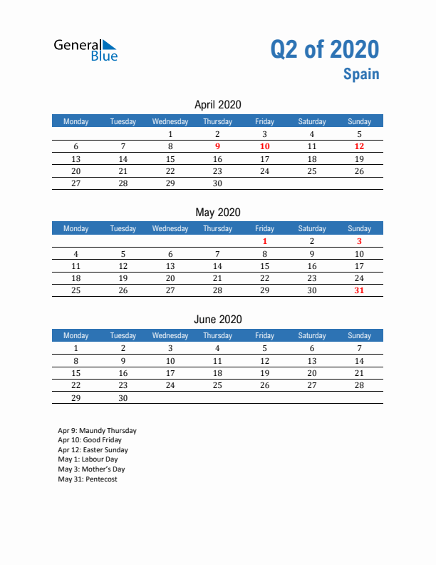 Spain Q2 2020 Quarterly Calendar with Monday Start