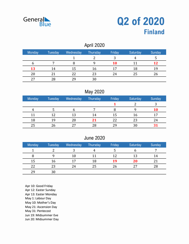 Finland Q2 2020 Quarterly Calendar with Monday Start