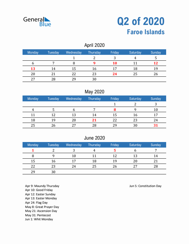 Faroe Islands Q2 2020 Quarterly Calendar with Monday Start