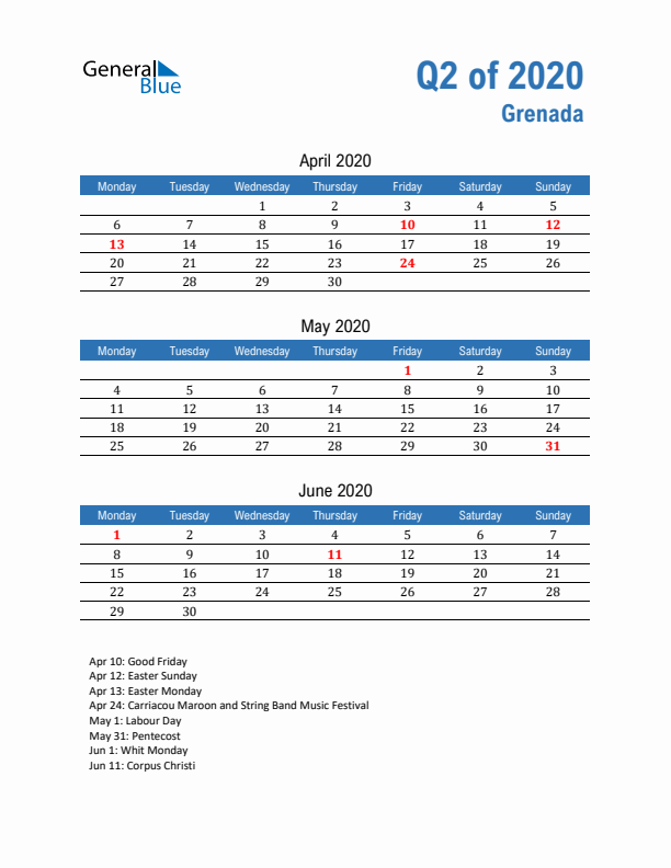 Grenada Q2 2020 Quarterly Calendar with Monday Start