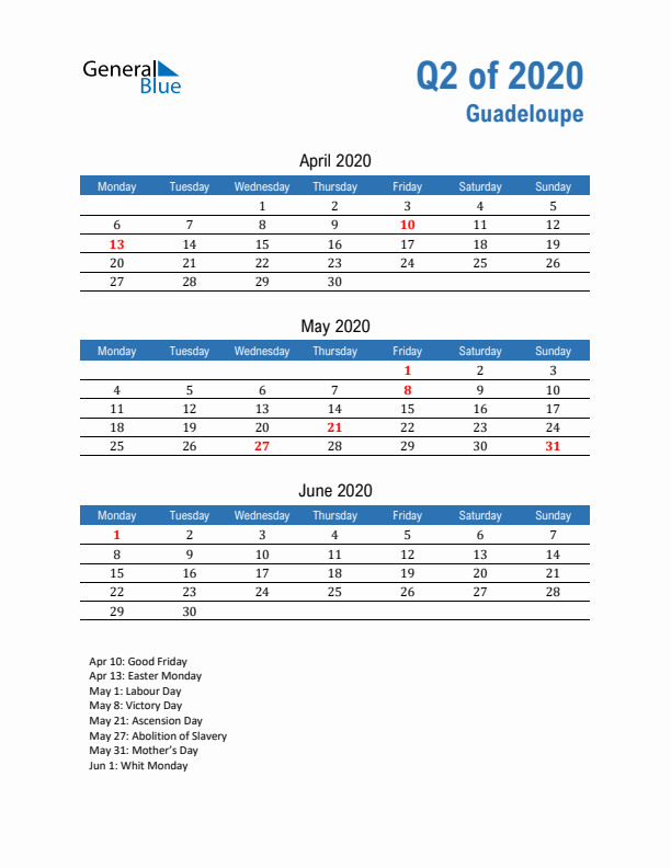 Guadeloupe Q2 2020 Quarterly Calendar with Monday Start