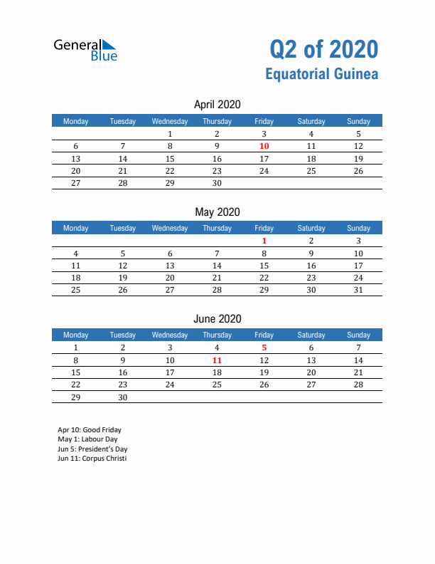 Equatorial Guinea Q2 2020 Quarterly Calendar with Monday Start