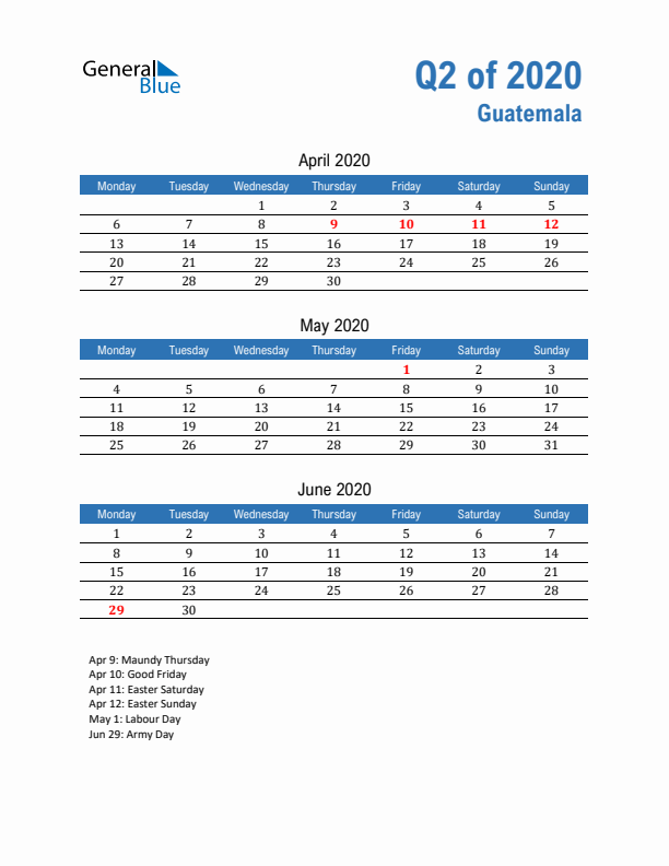 Guatemala Q2 2020 Quarterly Calendar with Monday Start