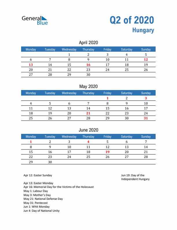 Hungary Q2 2020 Quarterly Calendar with Monday Start