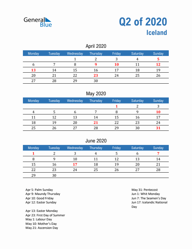 Iceland Q2 2020 Quarterly Calendar with Monday Start