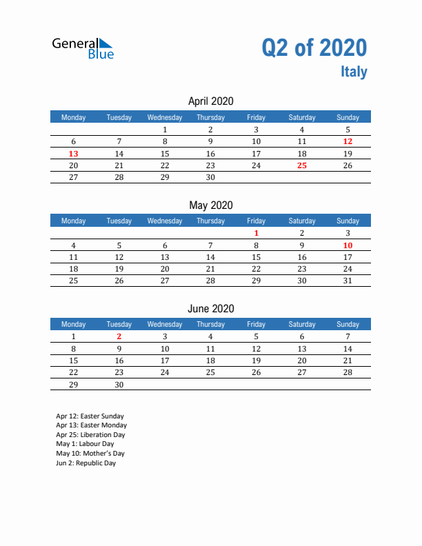 Italy Q2 2020 Quarterly Calendar with Monday Start