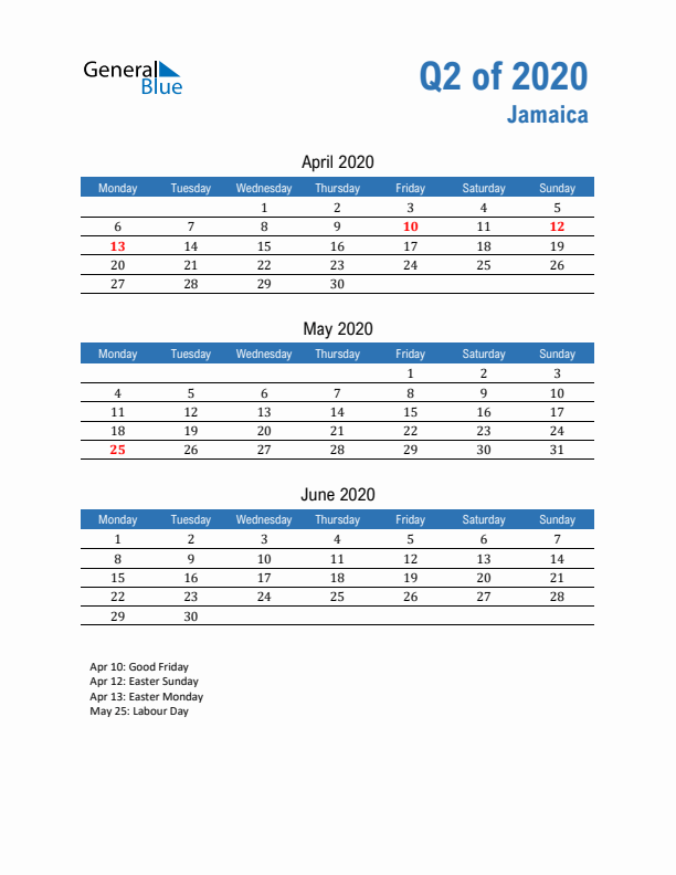 Jamaica Q2 2020 Quarterly Calendar with Monday Start