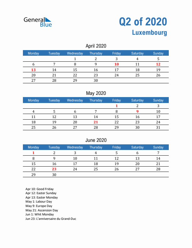 Luxembourg Q2 2020 Quarterly Calendar with Monday Start