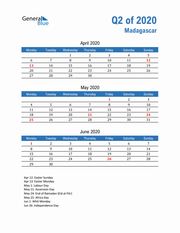 Madagascar Q2 2020 Quarterly Calendar with Monday Start