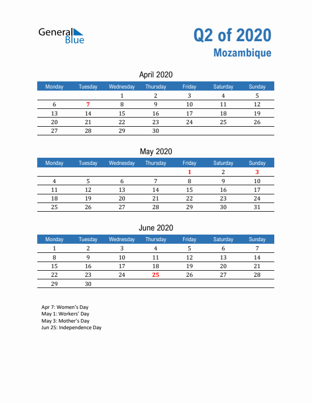 Mozambique Q2 2020 Quarterly Calendar with Monday Start