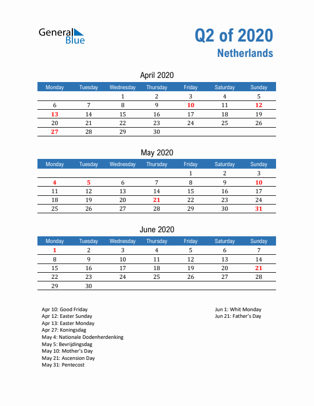 The Netherlands Q2 2020 Quarterly Calendar with Monday Start