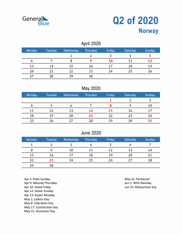 Norway Q2 2020 Quarterly Calendar with Monday Start