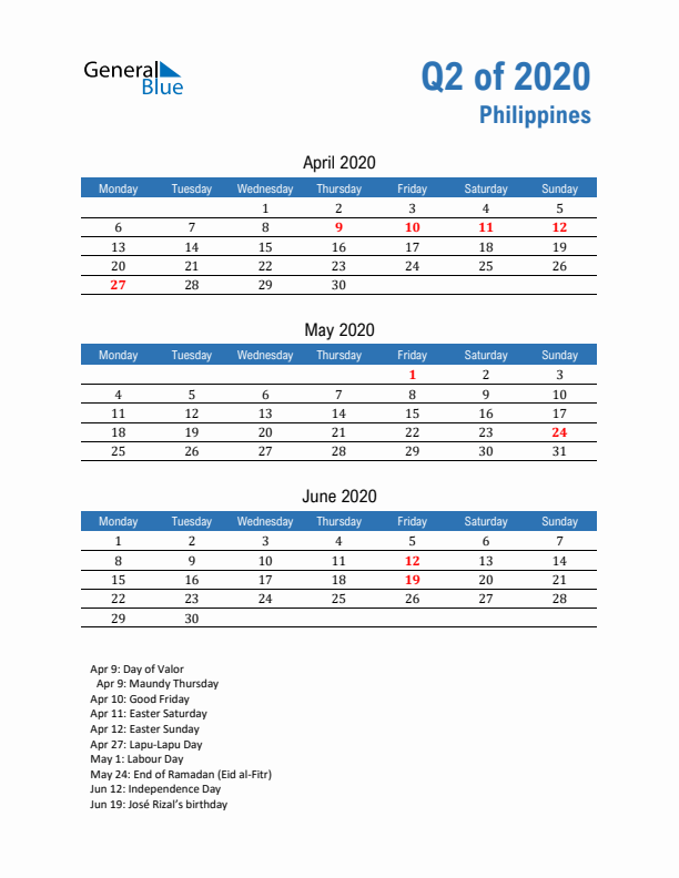 Philippines Q2 2020 Quarterly Calendar with Monday Start