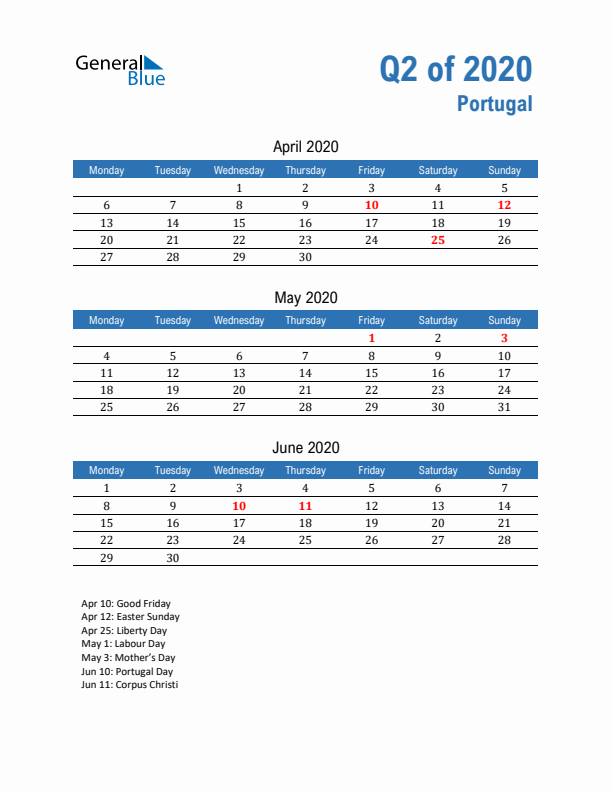 Portugal Q2 2020 Quarterly Calendar with Monday Start