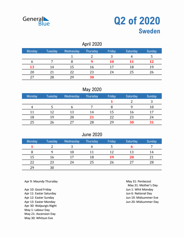 Sweden Q2 2020 Quarterly Calendar with Monday Start