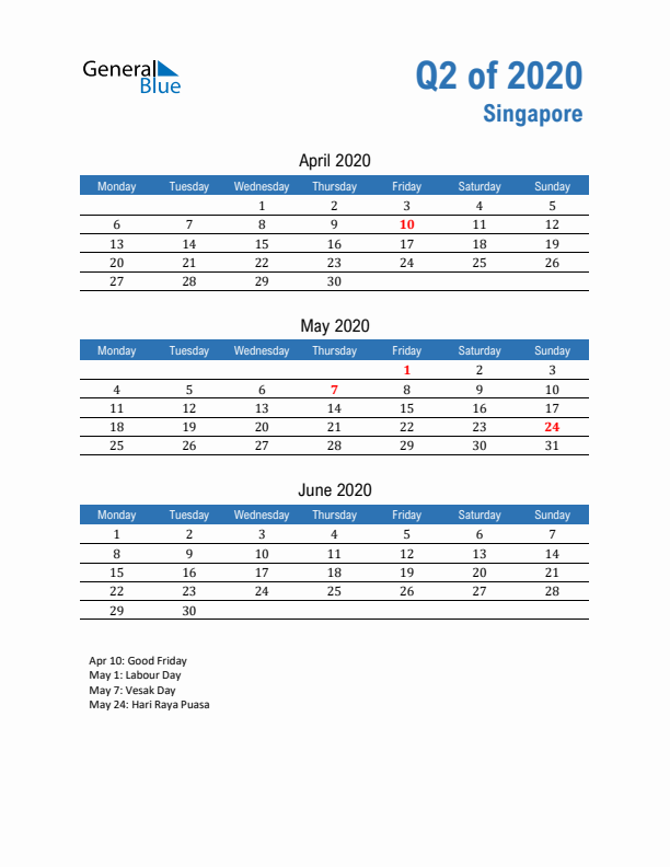 Singapore Q2 2020 Quarterly Calendar with Monday Start