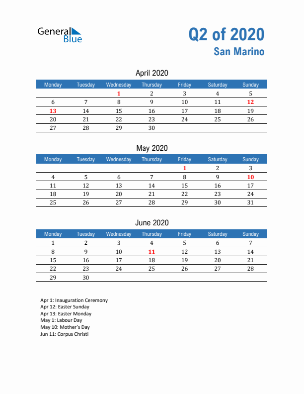 San Marino Q2 2020 Quarterly Calendar with Monday Start