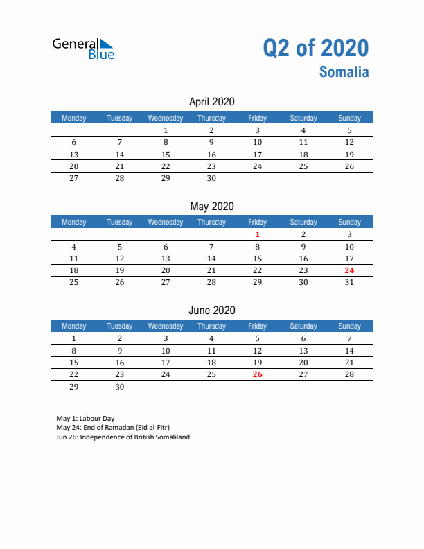 Somalia Q2 2020 Quarterly Calendar with Monday Start