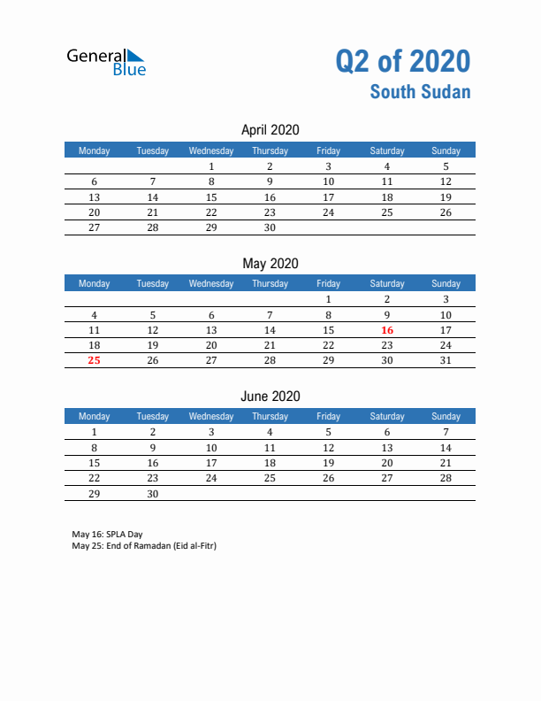 South Sudan Q2 2020 Quarterly Calendar with Monday Start