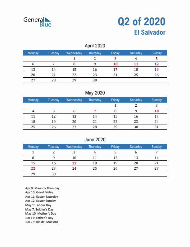 El Salvador Q2 2020 Quarterly Calendar with Monday Start