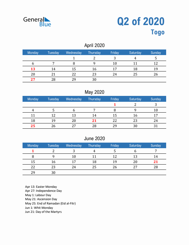 Togo Q2 2020 Quarterly Calendar with Monday Start