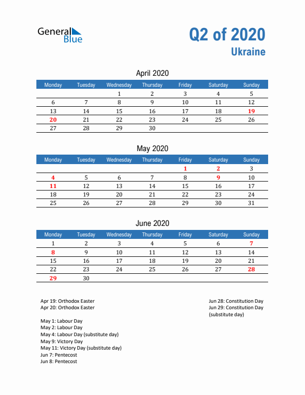 Ukraine Q2 2020 Quarterly Calendar with Monday Start