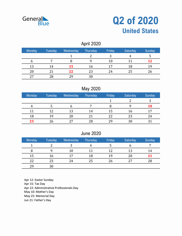 United States Q2 2020 Quarterly Calendar with Monday Start