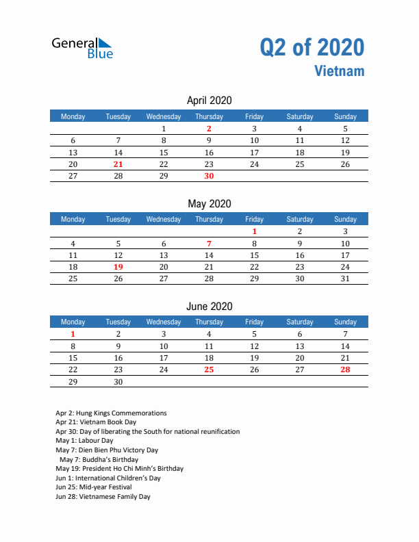 Vietnam Q2 2020 Quarterly Calendar with Monday Start