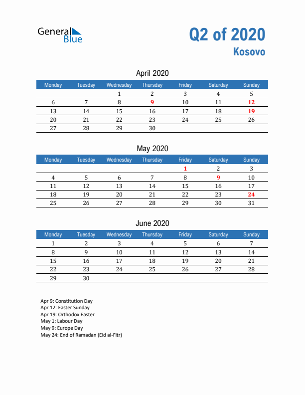 Kosovo Q2 2020 Quarterly Calendar with Monday Start