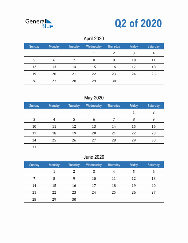 Fillable Quarterly Calendar for Q2 2020