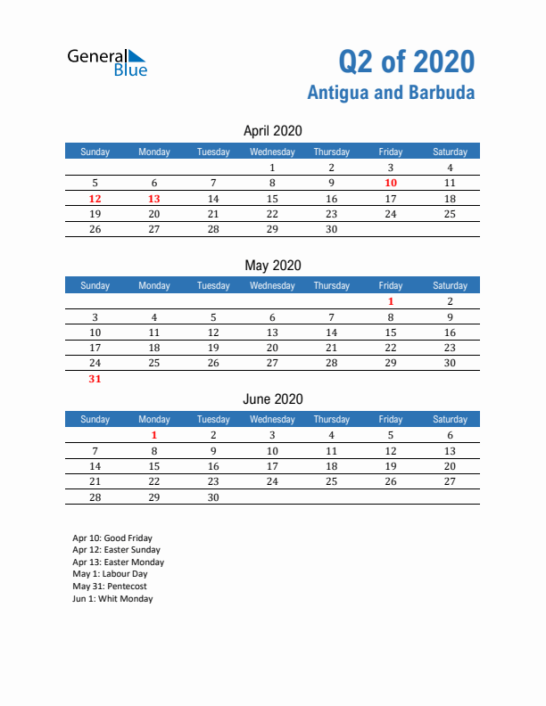 Antigua and Barbuda Q2 2020 Quarterly Calendar with Sunday Start