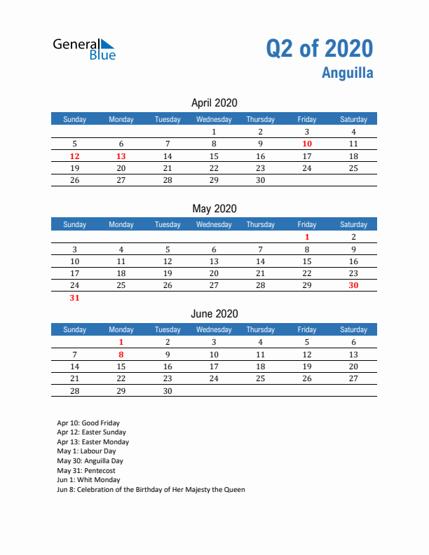 Anguilla Q2 2020 Quarterly Calendar with Sunday Start