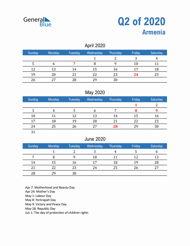 Armenia Q2 2020 Quarterly Calendar with Sunday Start