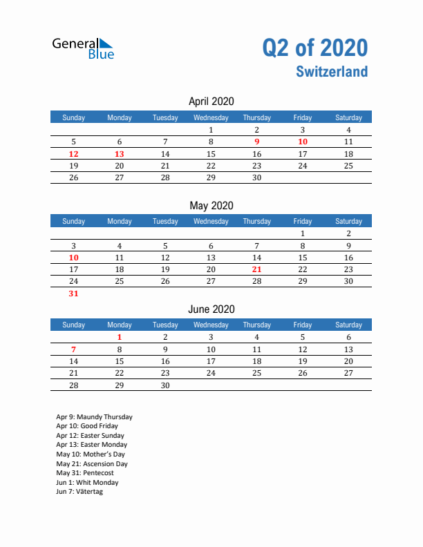 Switzerland Q2 2020 Quarterly Calendar with Sunday Start