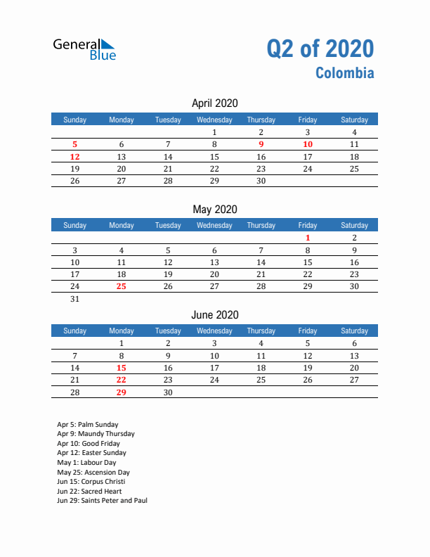 Colombia Q2 2020 Quarterly Calendar with Sunday Start