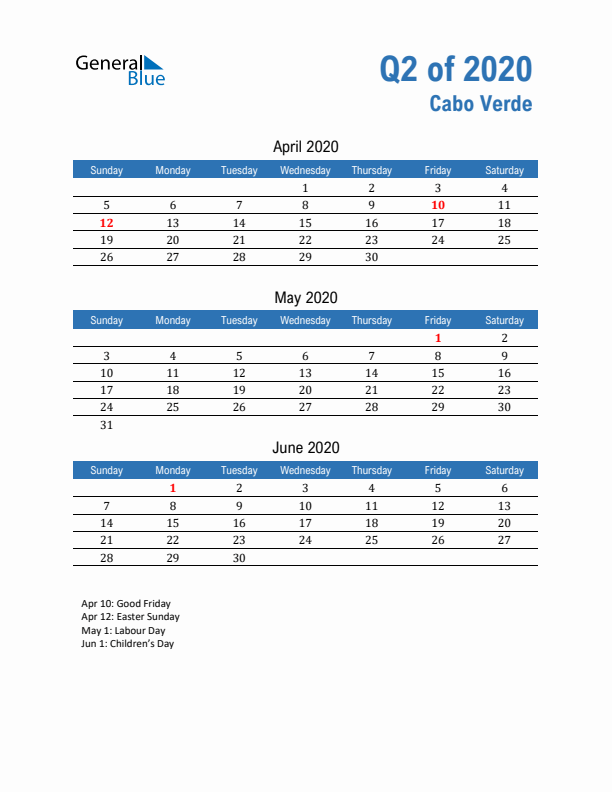 Cabo Verde Q2 2020 Quarterly Calendar with Sunday Start