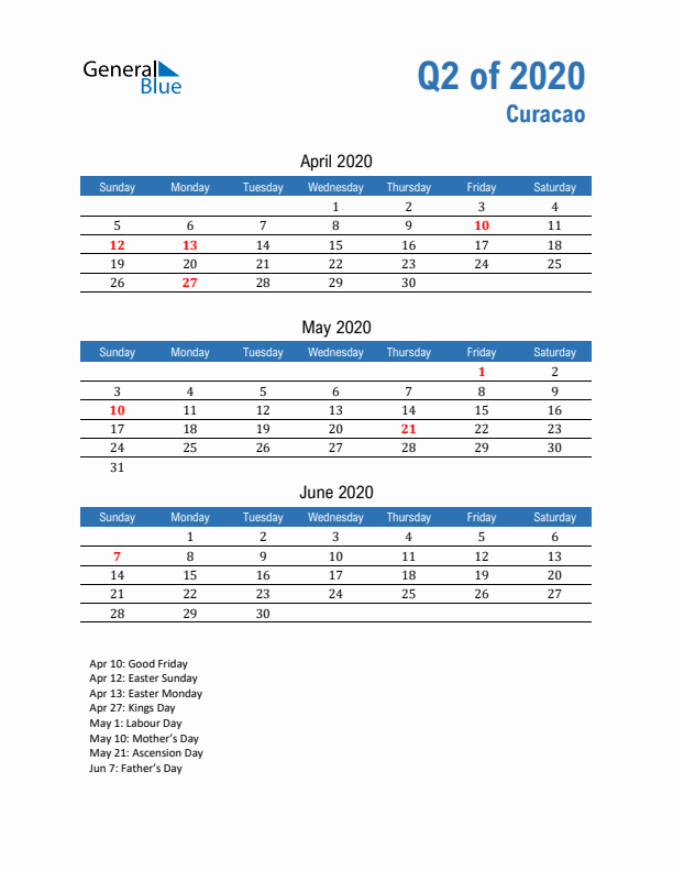 Curacao Q2 2020 Quarterly Calendar with Sunday Start