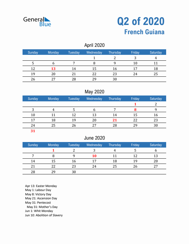 French Guiana Q2 2020 Quarterly Calendar with Sunday Start