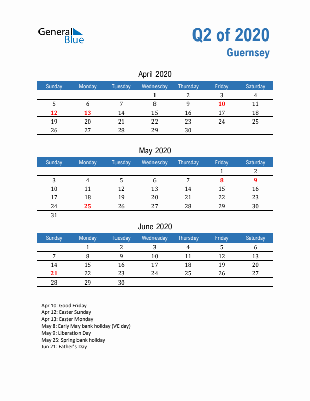 Guernsey Q2 2020 Quarterly Calendar with Sunday Start