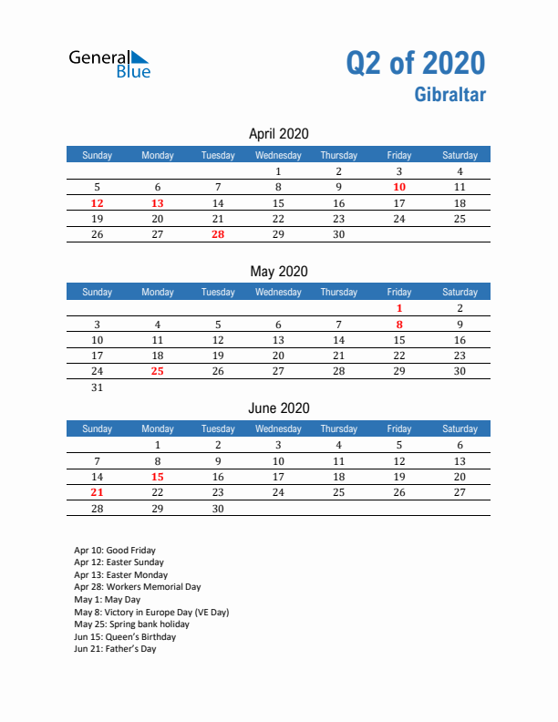 Gibraltar Q2 2020 Quarterly Calendar with Sunday Start