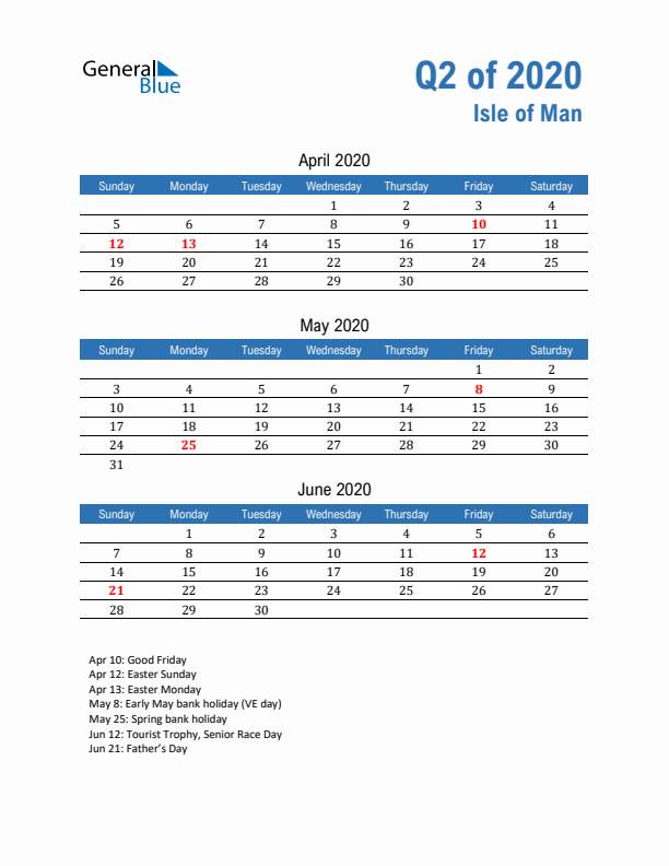 Isle of Man Q2 2020 Quarterly Calendar with Sunday Start