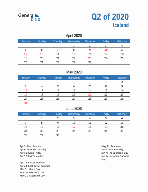 Iceland Q2 2020 Quarterly Calendar with Sunday Start