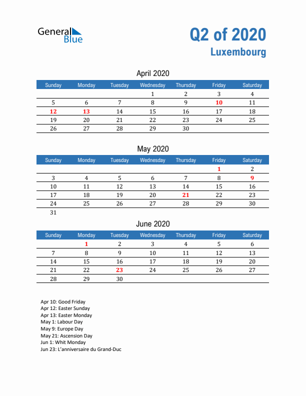 Luxembourg Q2 2020 Quarterly Calendar with Sunday Start