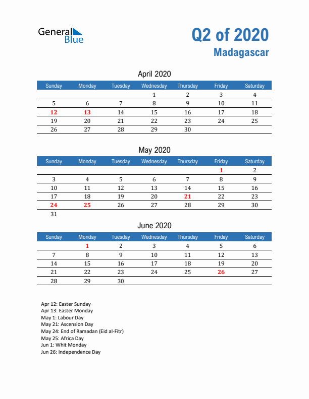 Madagascar Q2 2020 Quarterly Calendar with Sunday Start